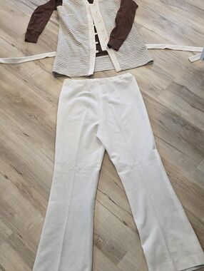 Vintage Cream Wide-Leg Pants, Striped Belted Vest And 2 Brown Velvet Tops